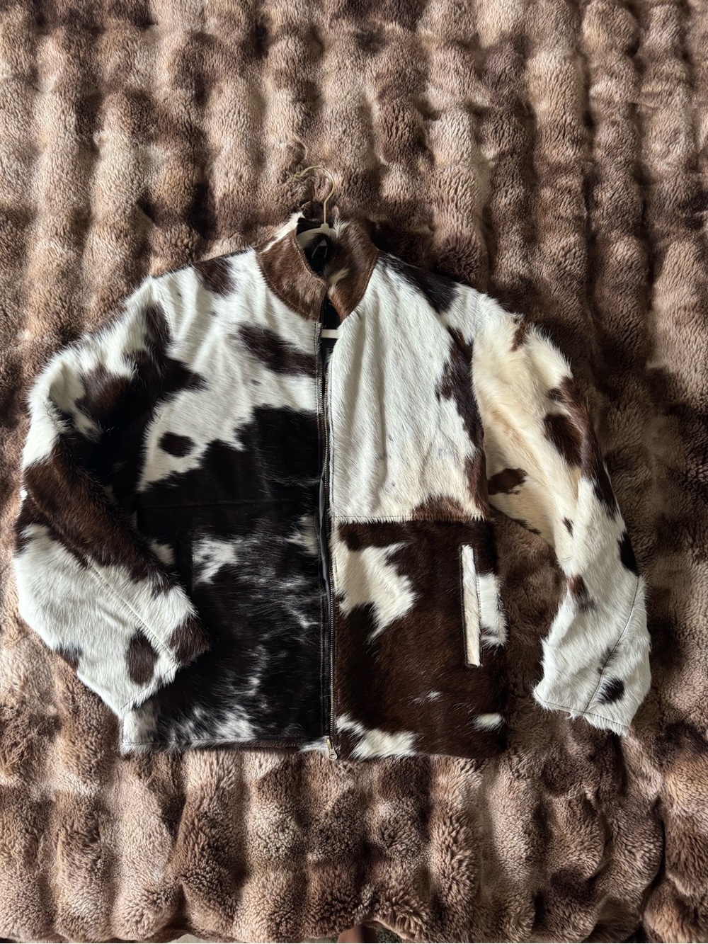 Real Fur Cow Print Jacket - White & Brown